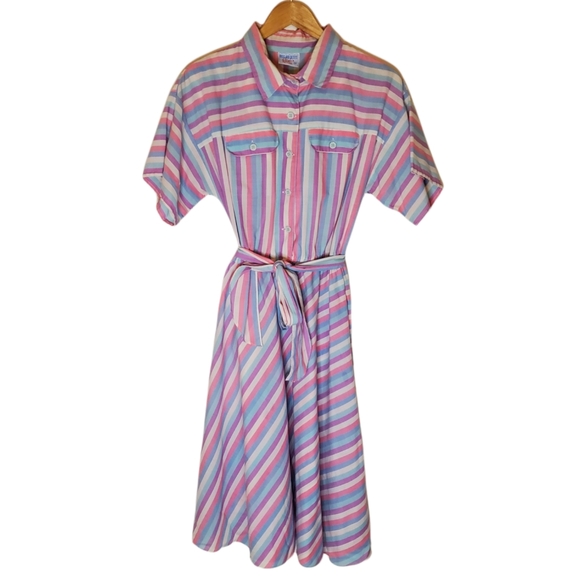 Pink Bubblegum White, Blue and Purple Striped 80s Short Sleeve Shirt Dress - Picture 2 of 15